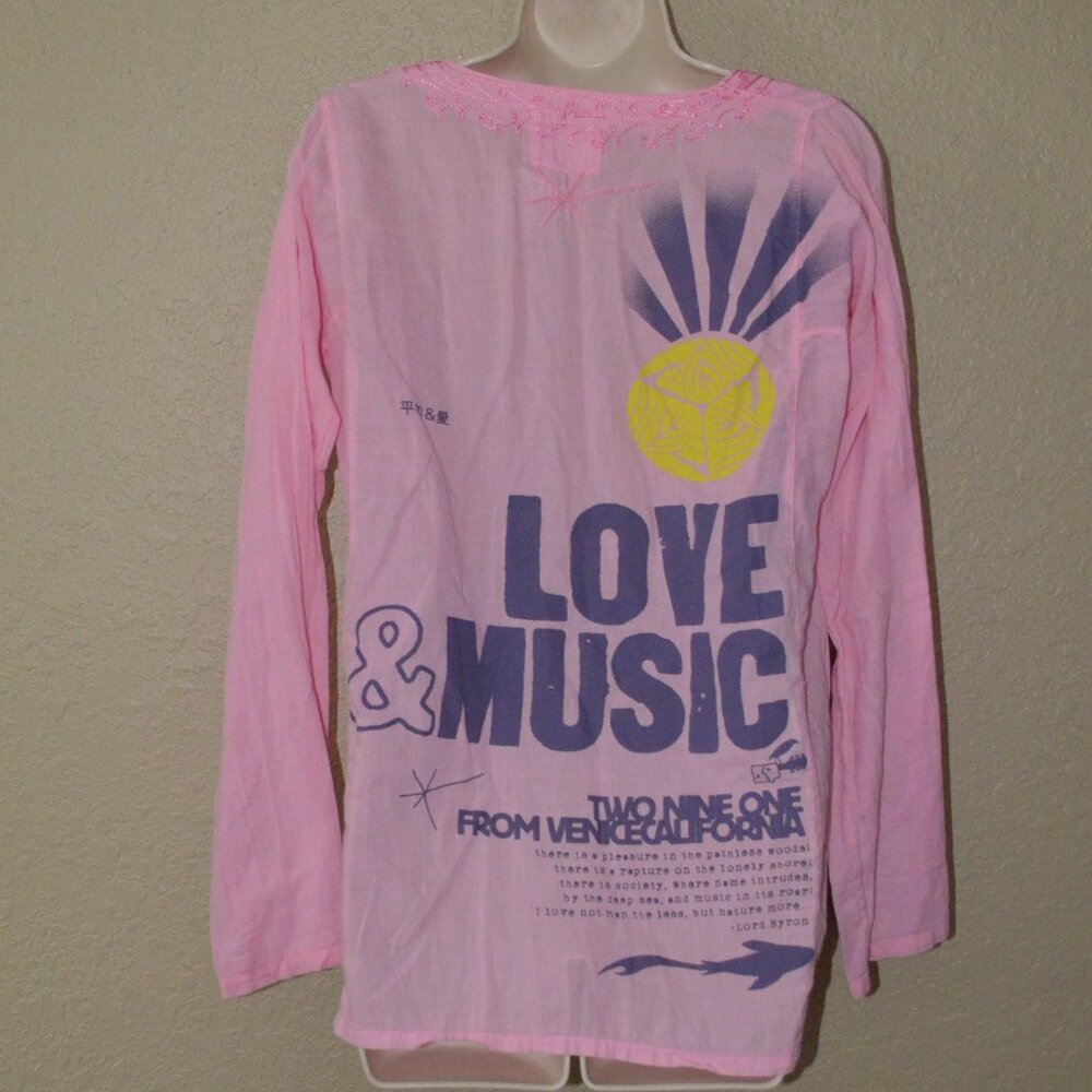 Sz S 291 Two Nine One Pink Embroidered Love & Music Long Sleeve Blouse Top